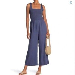 Susina size Small Blue Linen Blend Smocked Jumpsuit